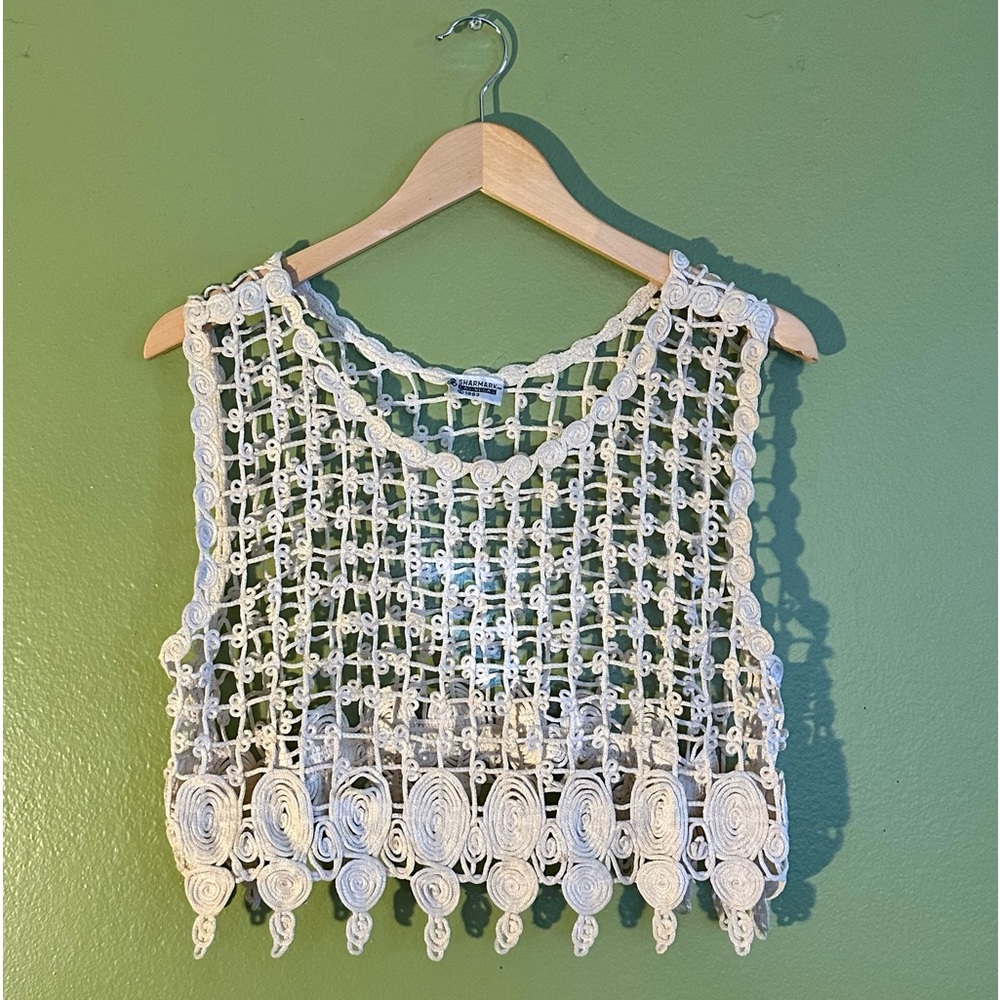VTG Sharmark Las Vegas Crochet Cutout Ivory Blouse Sz Md
